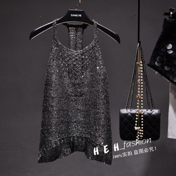 

2019 Summer sexy hollow out knitted camis women shiny bling sequined tanks tops women shiny sequins tanks gold camis tops