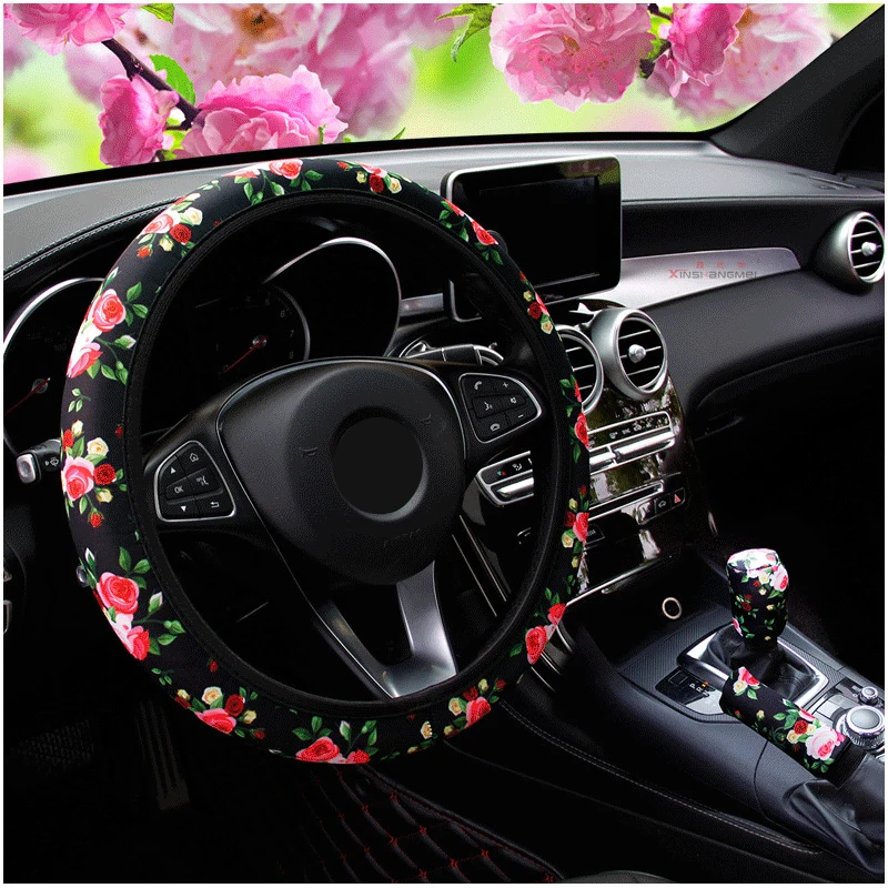 

3PCS/Set Car Steering Wheel Cover Handbrake Gear Shift Cover 3 Styles Rose Flowers Braid on The Steering Wheel For Girl Woman