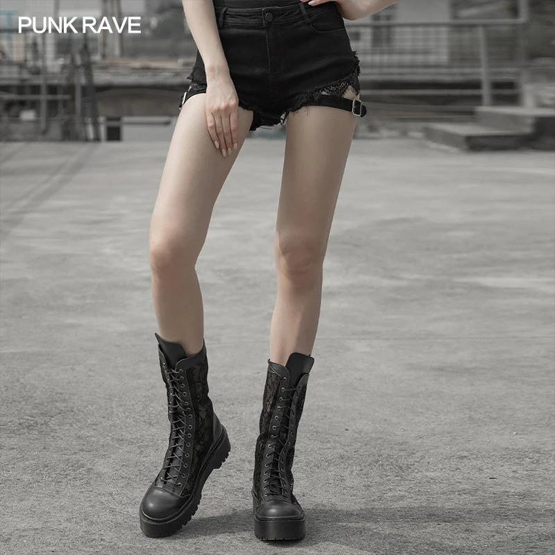 

PUNK RAVE Women's Gothic Sexy Tied Rope Jeans Shorts Punk Metal Rope Leggings Tight Denim Personality Biker Shorts