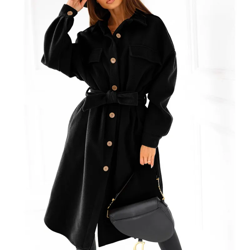 

Solid Lace-Up Lapel Long Wool & Blends Autumn Winter New Elegant Long Sleeved Pocket Woolen Coats Casual Office Lady Overcoats