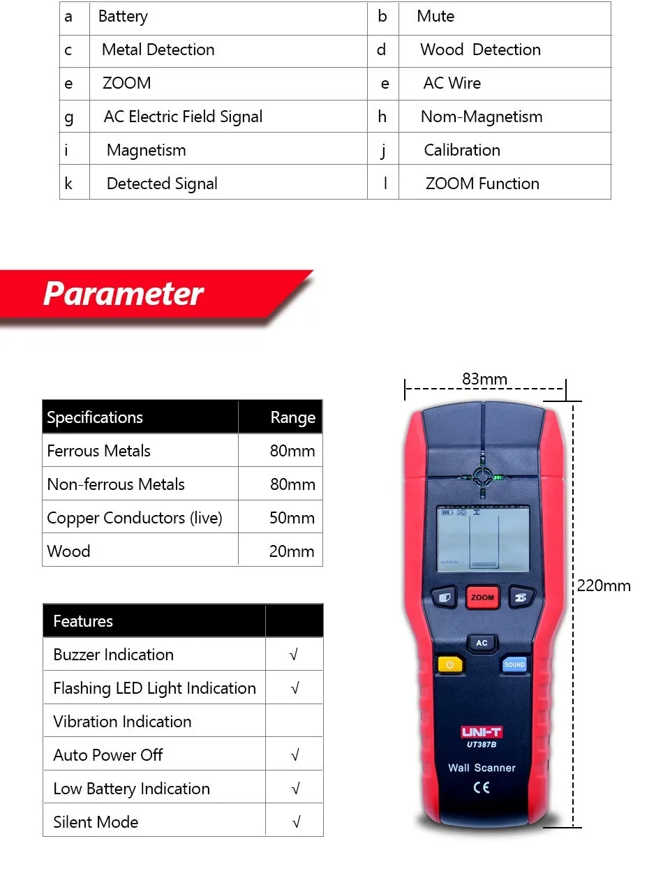 UNI-T UT387B настенный детектор многофункциональный ручной настенный тестер Металл Дерево кабель переменного тока искатель сканеры стен 20-80 мм