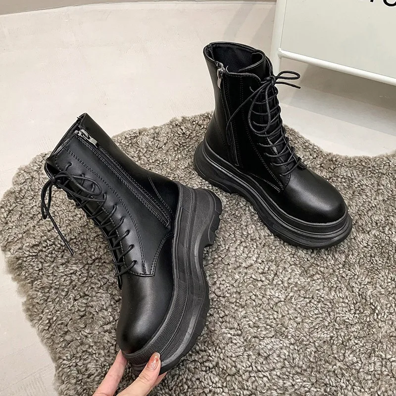Short boots 2021 new fashion women's short boots snow boots PU leather side zipper non-slip warm shoes lace up black women boots
