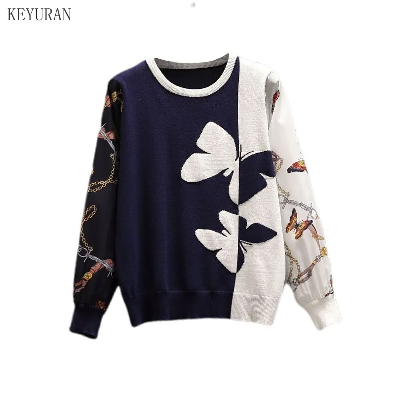 

Plus Size Women Pullover Sweater 2021 Spring Autumn New Print Knitted Patchwork O-Neck Elegant Bottoming Ladies Knitwear Tops