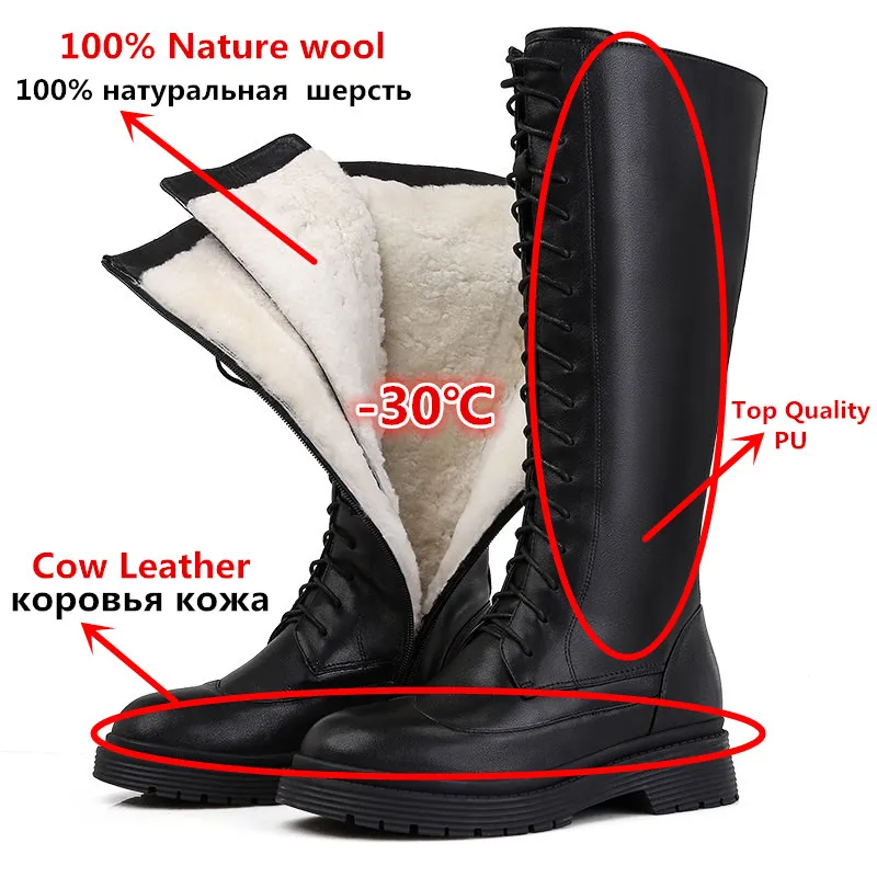 

2020 New Genuine Leather Boots Women Shoes Lace Up Warm Winter Boots Nature Sheep Wool Mid Calf Boots Ladies Botas