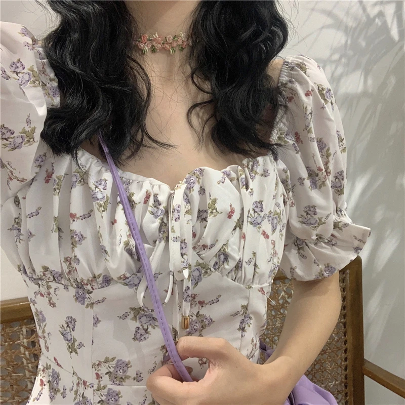 

Summer Short Puff Sleeves Dress Women Ruffles Sweet Girls Floral Mini Dresses Elegant Ladies Slender Female Korean-style Outwear