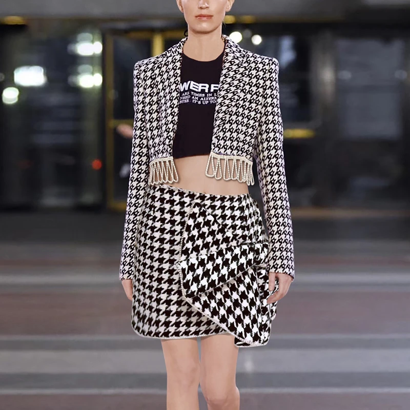 Женские комплекты с бриллиантами и кисточками клетчатая укороченная куртка