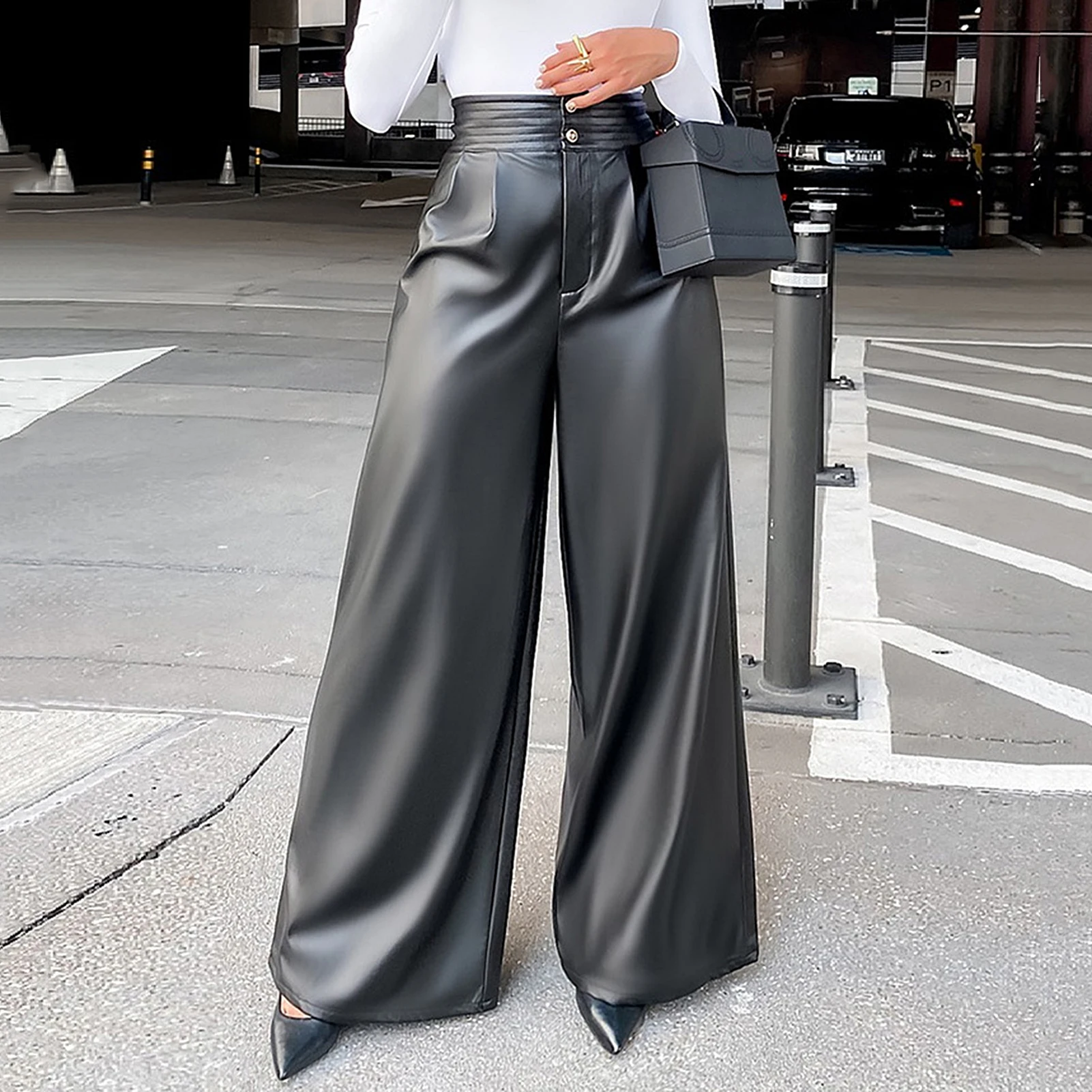 

HOT SALESNew Arrival Fashion Women Faux Leather Solid Color High Waist Wide Leg Pants Long Trousers