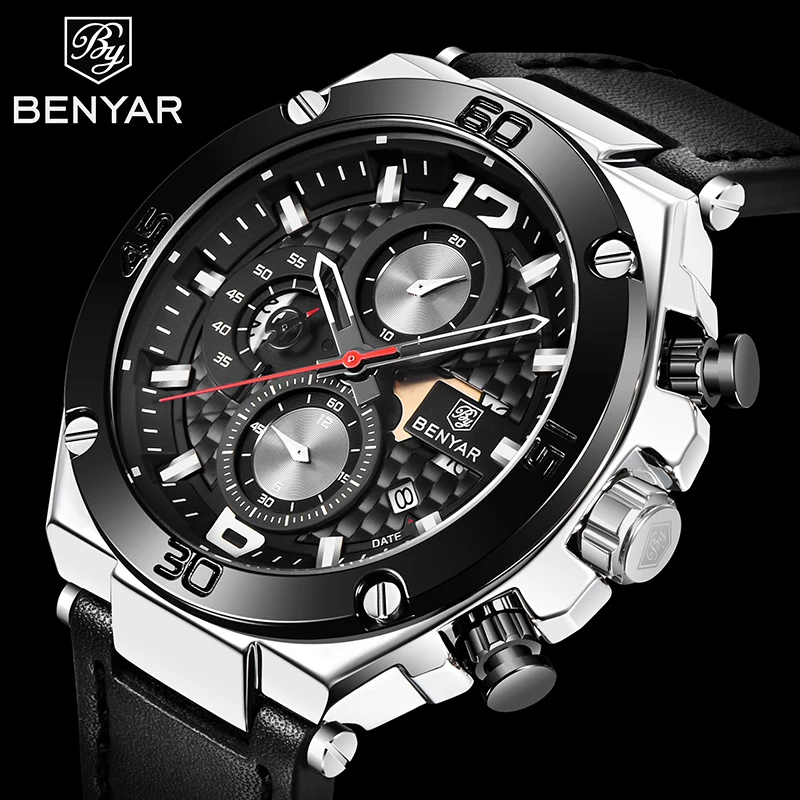 BENYAR 2019 New quartz men's watches fashion leather men wrist watch military waterproof chronograph watch men Relogio Masculino