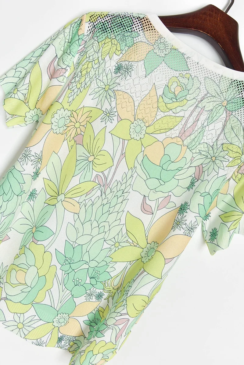 

Fresh Print T Shirt for Women Thin Green Tops Summer Tee O Neck Hollow Out Short Sleeve Knitted T Shirt Women Summer Tops