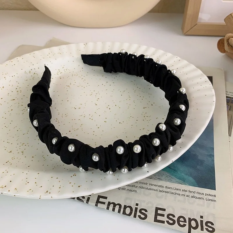 Женская повязка для волос с искусственным жемчугом черная или бежевая неровными