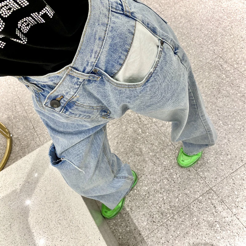 

GALCAUR Blue Denim Pants For Women High Waist Loose Hole Designer Plus Size Solid Straight Full Length Trousers Female 2021 Tide