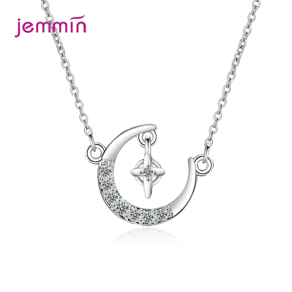 

100% Pure 925 Sterling Silver Moon Star Cubic Zircon Pendant Necklaces For Women/Girls Birthday Party Jewelry Gifts