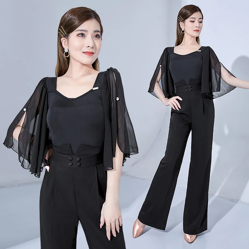 

Modern Dance Shirt Female Floating Sleeves Summer Black New Latin Performance Dance Clothes Waltz Ballroom Dance Wear
