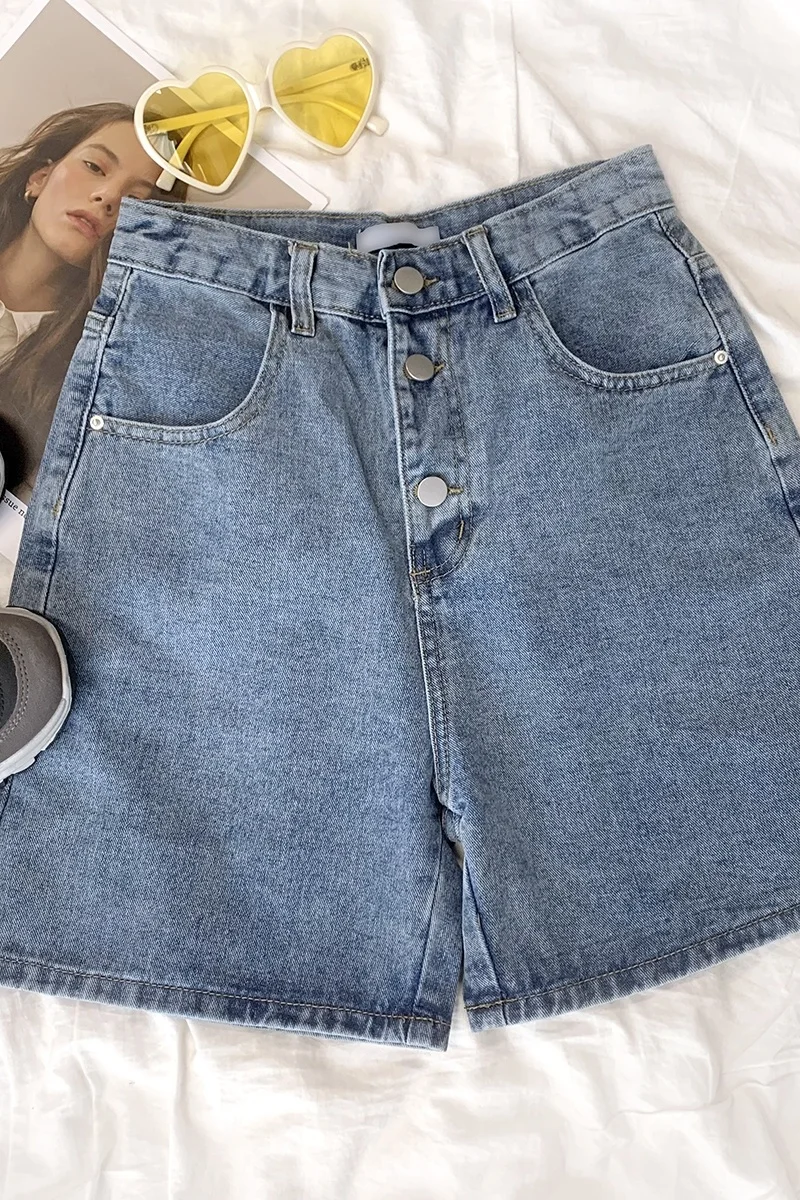

Three Button Denim Shorts Women Casual Summer Washable Blue High Waisted Loose Skinny Wide Leg Jean Shorts Short Feminino