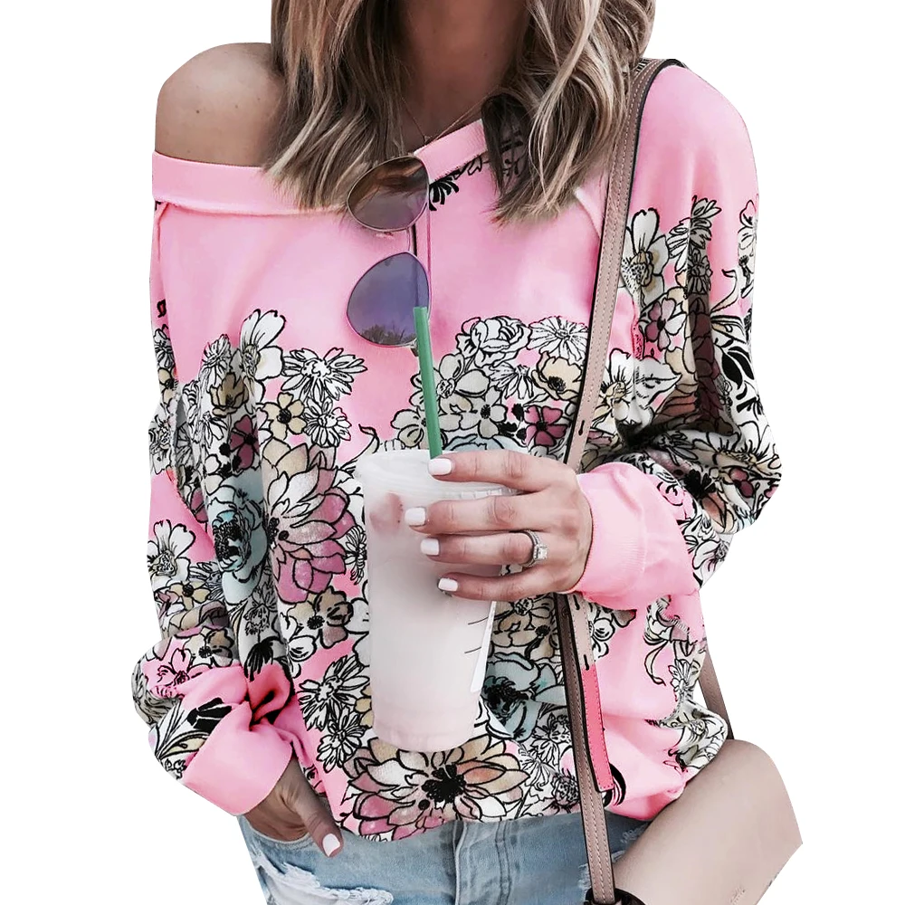 

Women Tshirts Long Sleeve Floral Printed Fashion Tops Streetwear Casual Baggy Female Clothes Skew Neck Tees#k