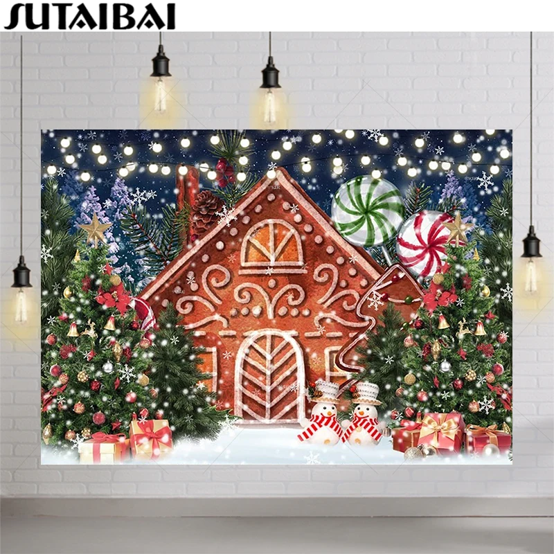 

Winter Gingerbread House Backdrop Merry Christmas Lollipop Trees Glitter Lights Background Child Family Xmas Holiday Party Decor