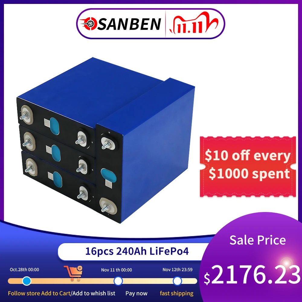 

NEW 16pcs 3.2v 240ah Lifepo4 Rechargeable Battery Lithium Iron Phosphate Solar Cell 48v 240ah Grade A Cell pack EU US Tax Free