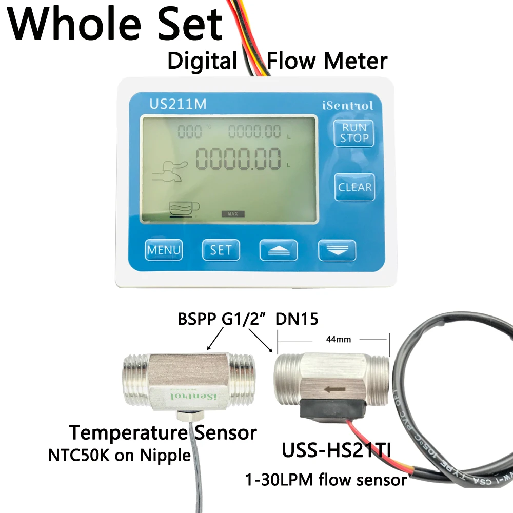 

US211M Water Flow Meter Totalizer with SUS304 Stainless Steel USS-HS21TI 1-30L/min Liquid Meter with Temperature Nipple iSentrol