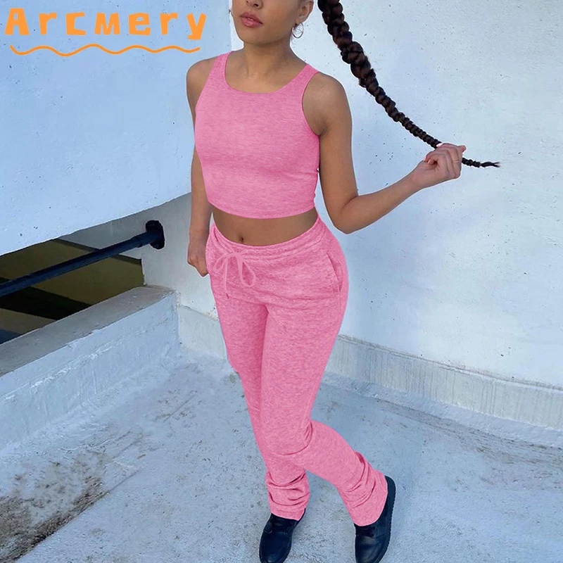 

2 Two Pieces Sets Women Sleeveless Top T-shirt & Bodycon Elastic Waist Pants