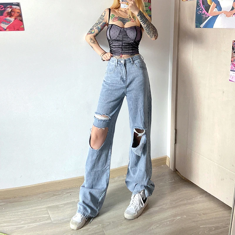 

2021 Women Jeans Blue Wide Leg Loose Hole Button Zipper Pocket Ladies Casual Denim High Street Hot Sale Fashion Basic Trousers