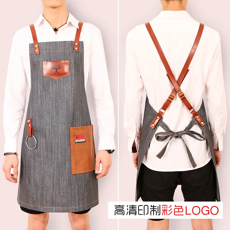 

Denim apron Korean fashion hair barista tea shop waiter overalls men's custom LOGO printing