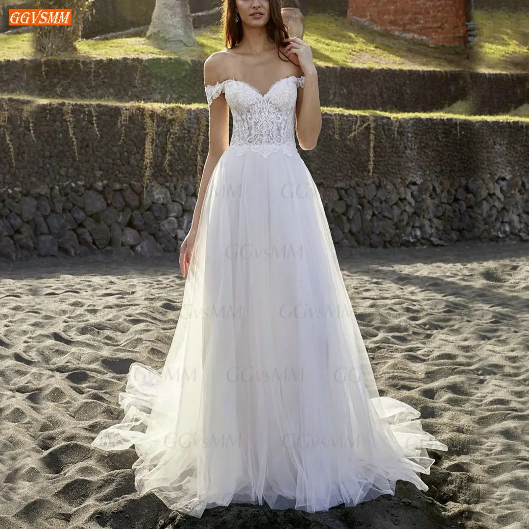 

New White A Line Wedding Gowns Off Shoulder Tulle Appliqued Lace Bridal Dresses 2021 Vestido De Noiva Custom Made Abito Da Sposa