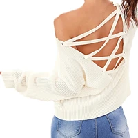 womens elegant solid color knitted sweater loose long sleeve v neck sexy backless pullover jumper top oversized sweater
