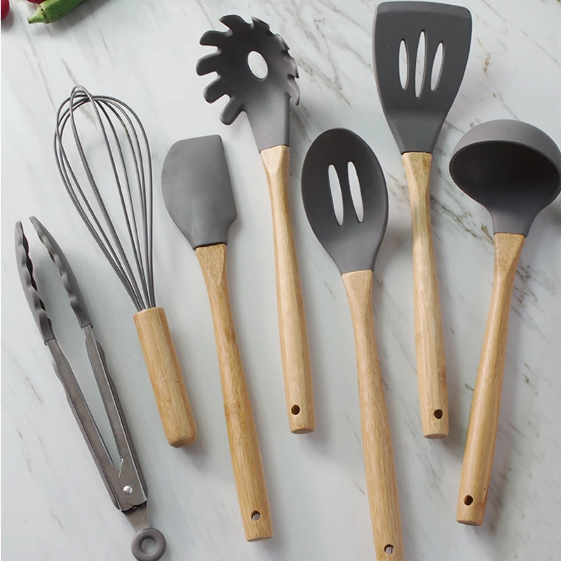 Non-Stick Silicone Cookware Kitchen Utensil Set Natural Acacia Wooden Handle Cooking Utensils Tools Spatula Soup | Дом и сад