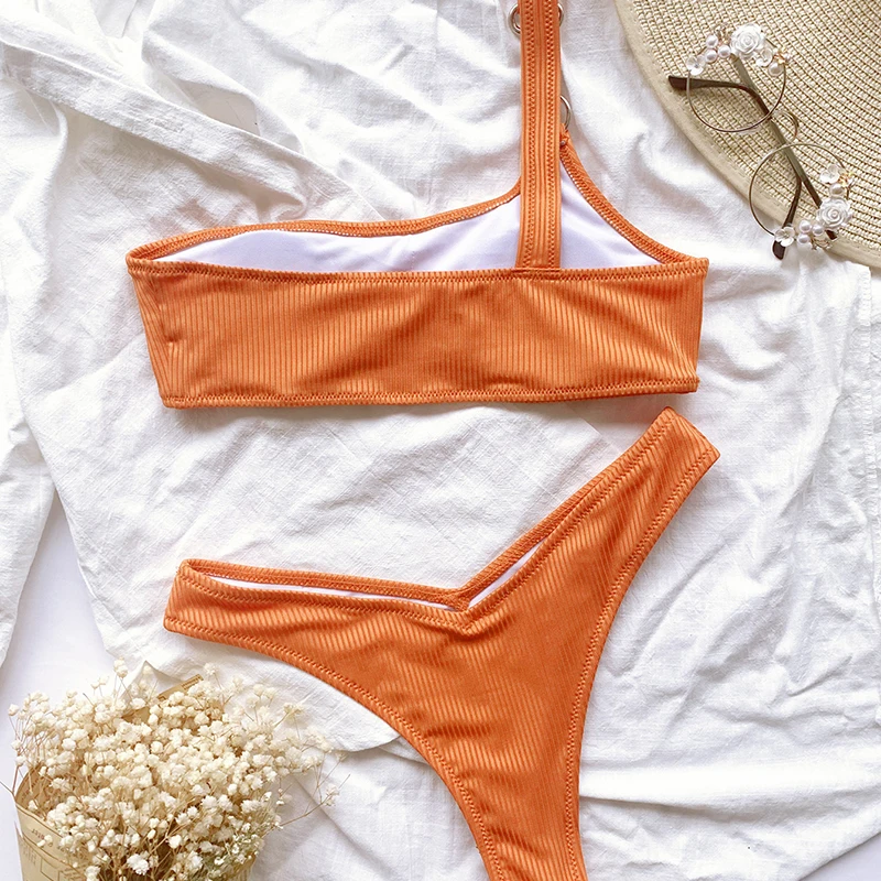 

Solid Color Bikini One Shoulder Swimwear Swimsuit Ladies Swimwear Beanie Pants Sexy Bikinis Set Push Up Low Waist Women