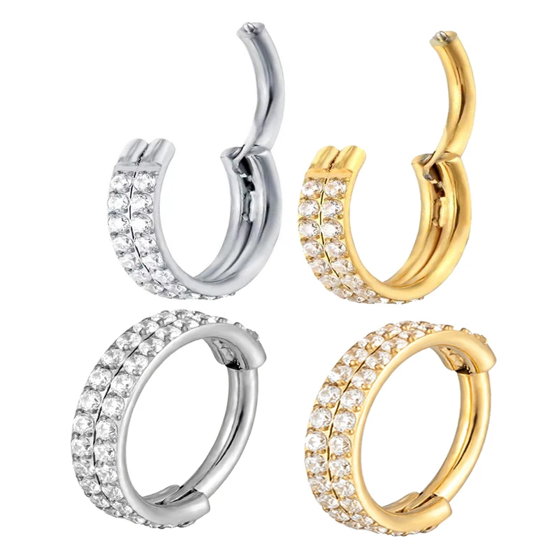 

New 316L Surgical Steel Piercing Hoop Earrings Women/Man Double Row Stone Hight Segment Rings Open Small Septum Nose Ear Jewelry