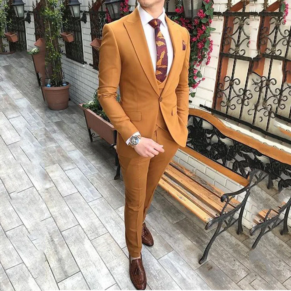 Brown Men Suits New Design Design Wedding and Business Suits 3-Piece Flat Slim Fit Tuxedos Prom Suits Set (Blazer+vest+Pants)
