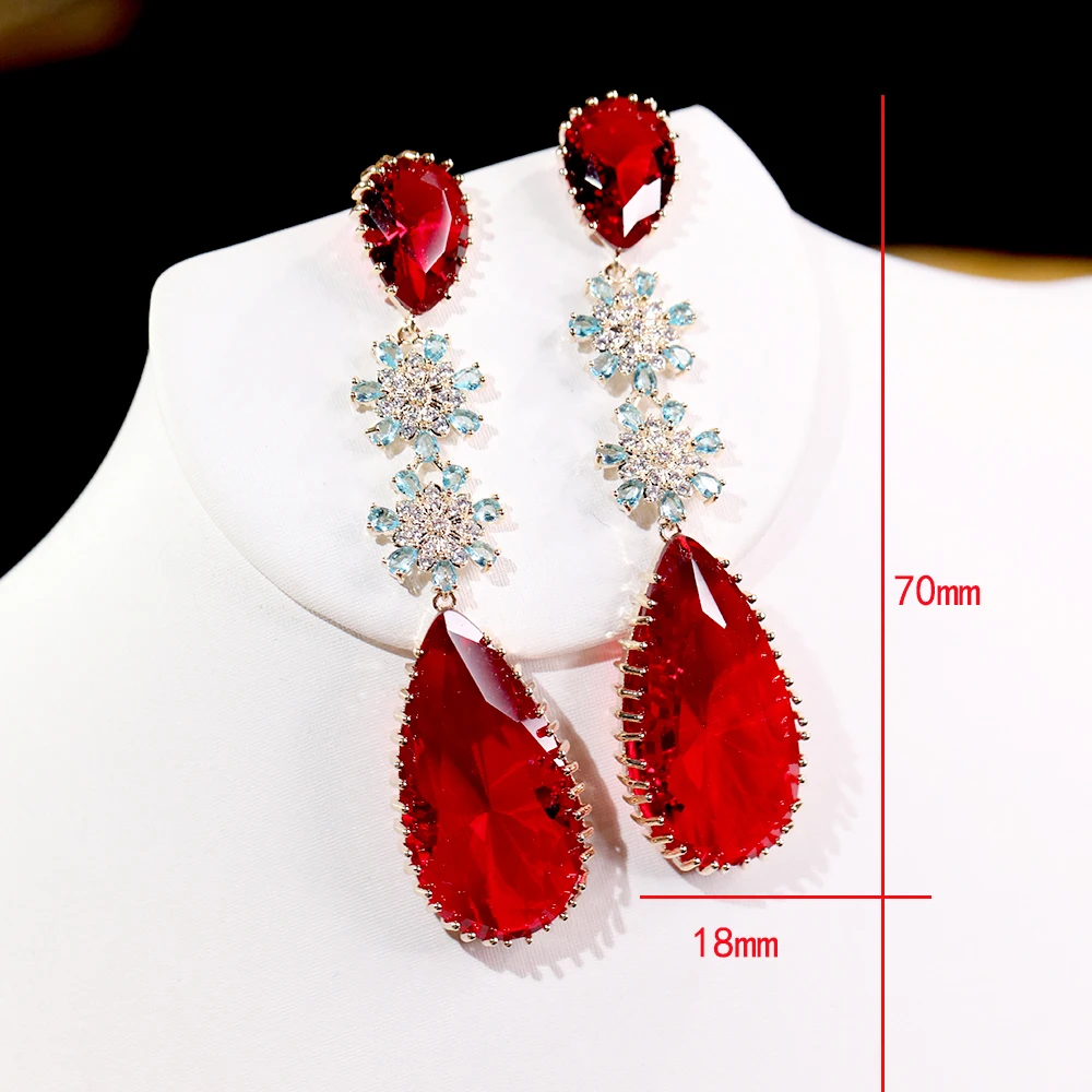 Женские длинные серьги-подвески с рубиновым и красным фианитом | Украшения