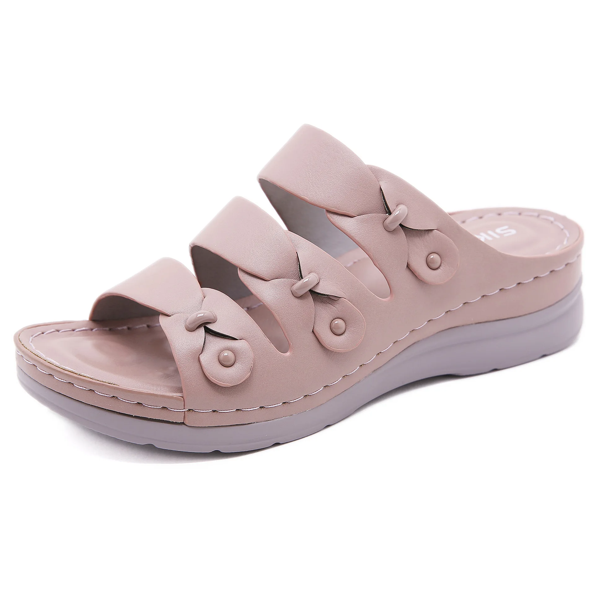 

Low Sandals Woman Leather Round Toe Clogs Wedge Female Shoe 2021 Summer Strappy Heels Large Size Low-heeled Platform Girls Comfo