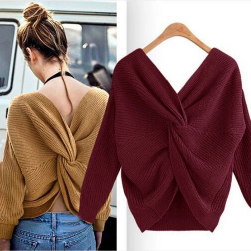 Сексуальный Однотонный свитер для женщин v-образный вырез скрученный сзади узел