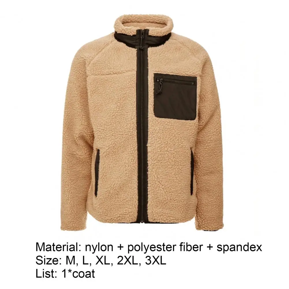 

Men Winter Long Sleeve Stand Collar Faux Fleece Zipper Pocket Warm Coat Jacket