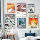 Новогодняя Настенная картина в стиле ретро с изображением кошки мопса, журнала Нью-Йорка, постеры и принты на холсте, настенные картины для декора гостиной