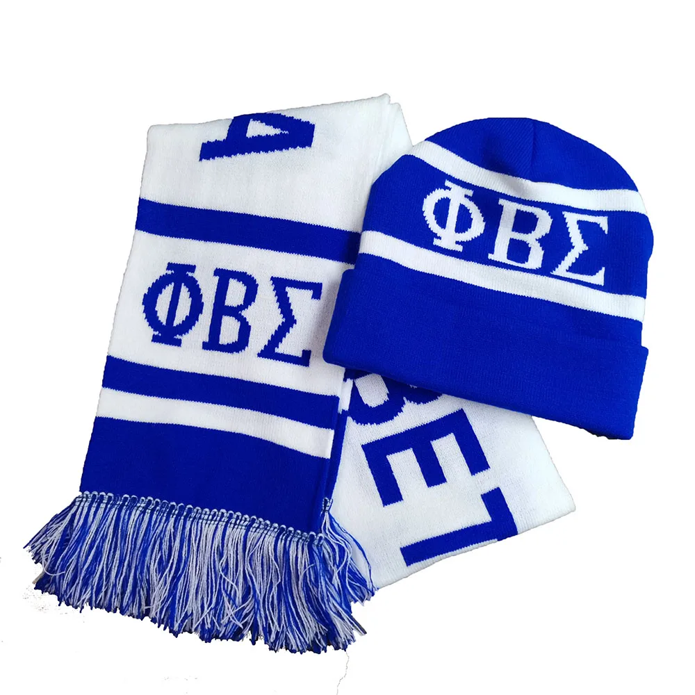 

Fashion Ladies New Autumn Winter Warm Letter PHI BETA SIGMA Blue White Scarf Hat Sets Women Thick Knit Soft Knitted Woollen