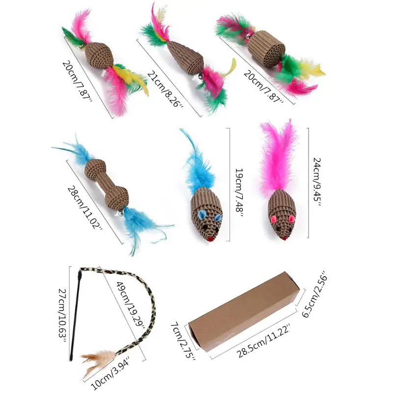 

7Pcs Interactive Cat Toys Teaser Wand Corrugated Paper Kitten Play Feather Toys