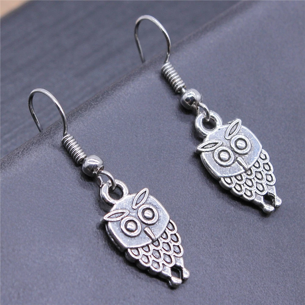 Vintage Antique Silver Color 19x9mm Double Sided Owl Charms Drop Earrings Fit Women Party Gift Jewelry Handcrafts | Украшения и