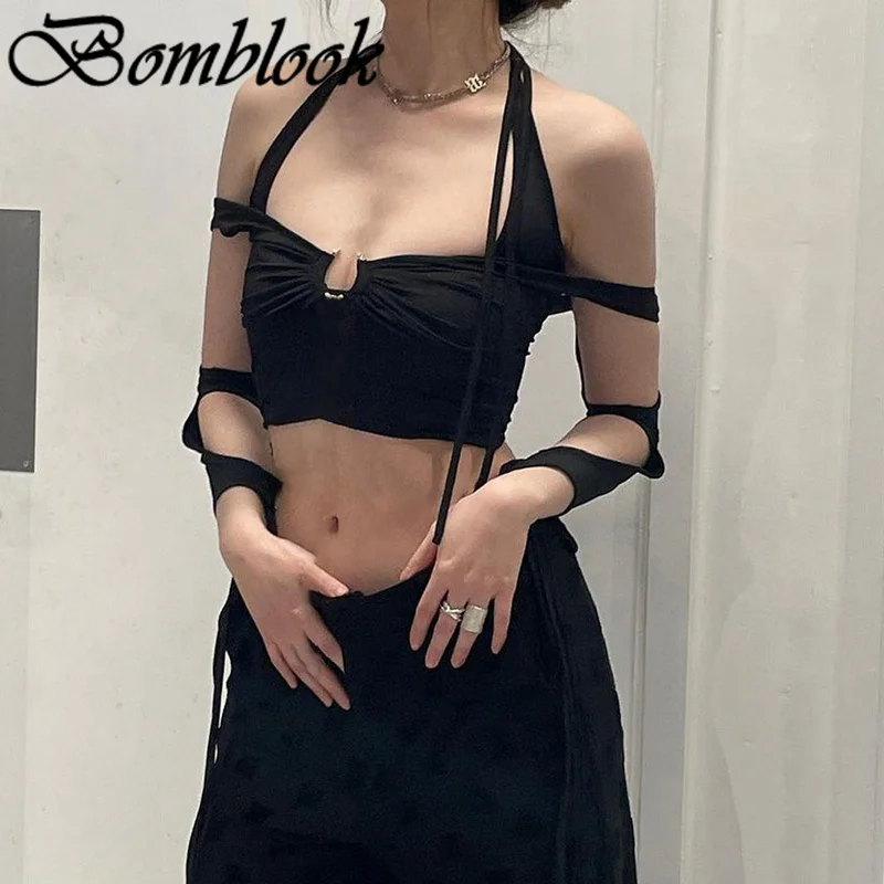 

Bomblook Sexy Party Club Women's Solid Y2K Tops Summer 2021 Halter Patchwork Lace Up Female All-match Crop Tops Streetwears
