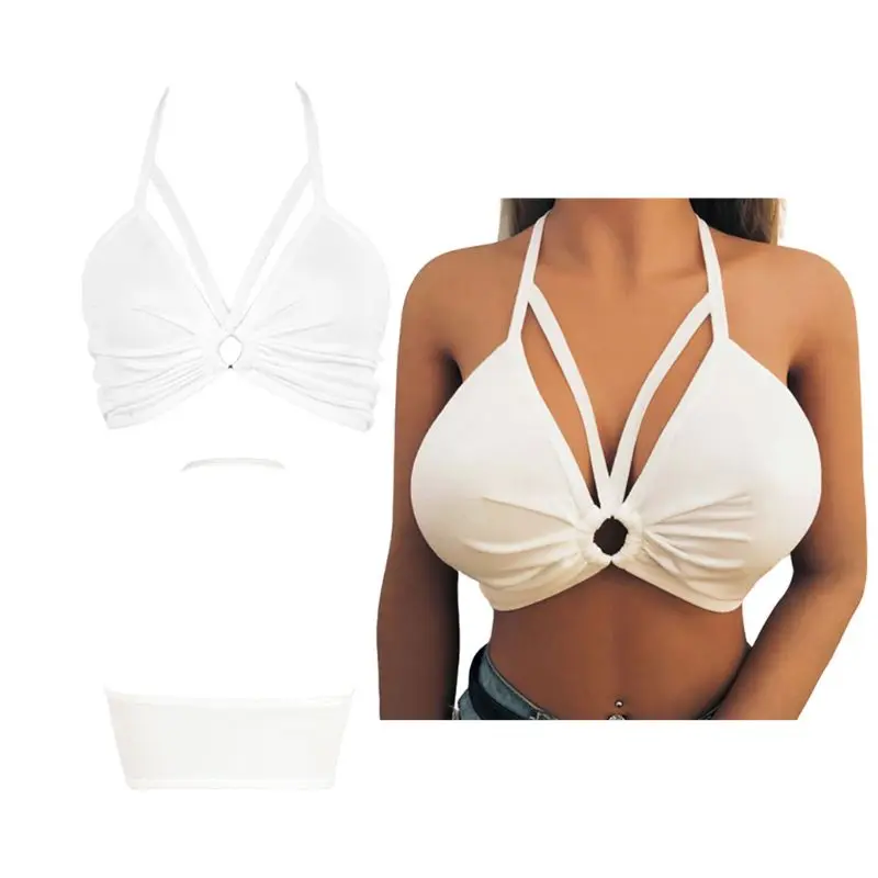 

Womens Sexy Halter Deep V-Neck Bralette Leopard Printed Metal Ring Connected Bustier Ruched Push Up Hollow Out Strappy Club Bra