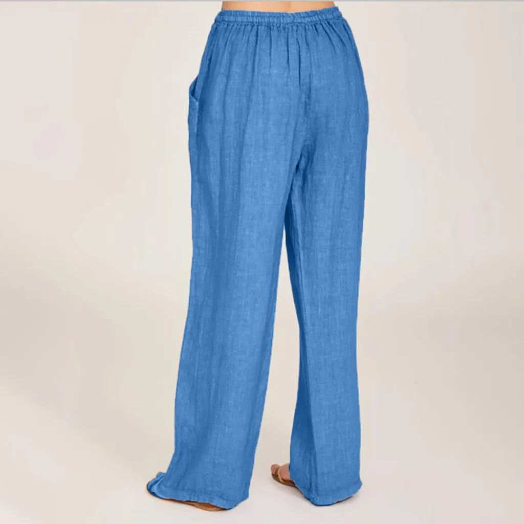 

Summer Fashion Pants Plus Size 3xl Women Casual Solid Cotton Linen Pockets Loose Drawstring Elastic Waist Long Wide Leg Trousers