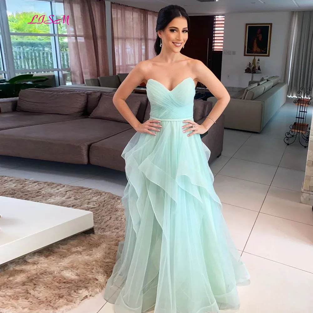 

Mint Green Long Prom Dresses A-Line Pleats Dubai Formal Evening Dress Plus Size Draped Tulle Arabia Prom Party Gowns