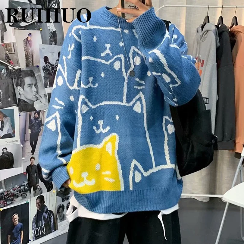 Свитер RUIHUO с мультяшным котом Мужской пуловер уличная одежда в стиле хип-хоп