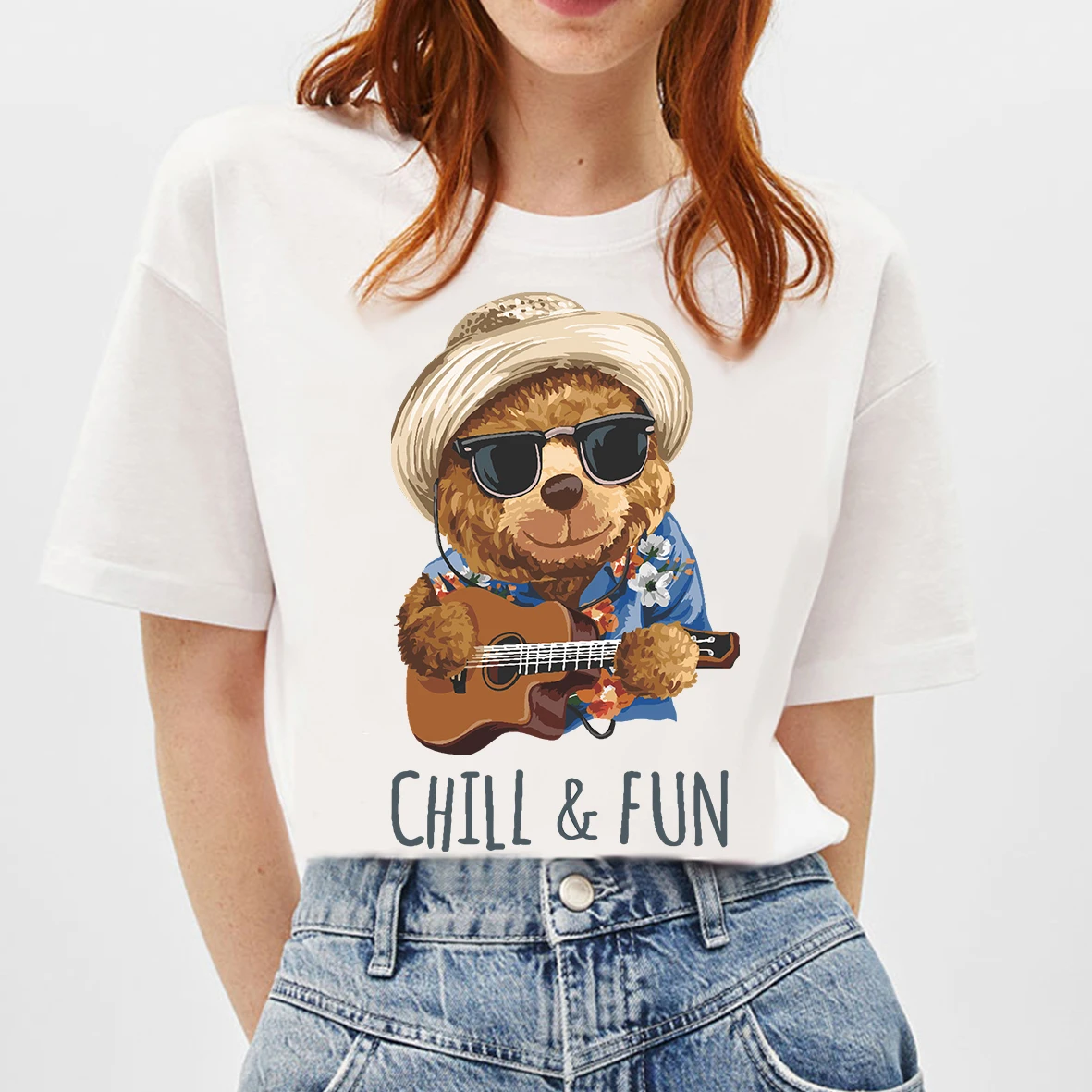 

BLINGPAW Teddy Bear Graphic Tees Chill and Fun Letter Print T-shirt White Cotton Unisex Top&Tees Summer Custom Tee Shirts