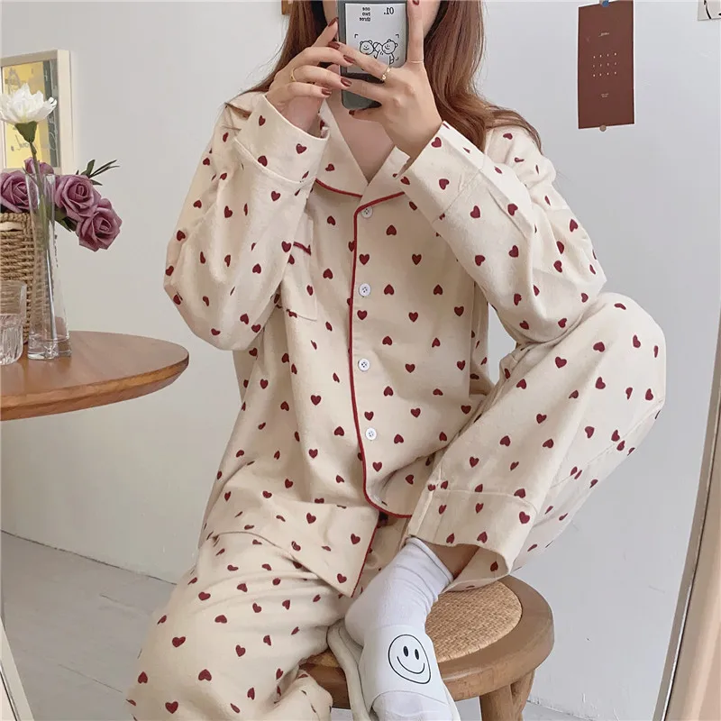 Heart Print Home Suit Loose Cotton Casual Sleepwear Korean Pajamas Set Trousers Harajuku Home Clothes Kawaii Single Breasted Top