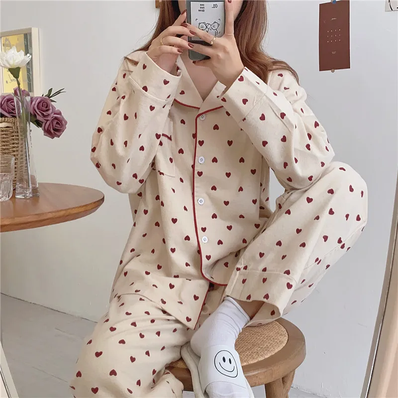 

Heart Print Home Suit Loose Cotton Casual Sleepwear Korean Pajamas Set Trousers Harajuku Home Clothes Kawaii Single Breasted Top