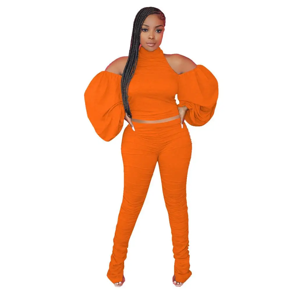 

Fall 2020 new fashion solid color casual two piece suit slim o-neck open back long sleeve shirt and trousers women's suit