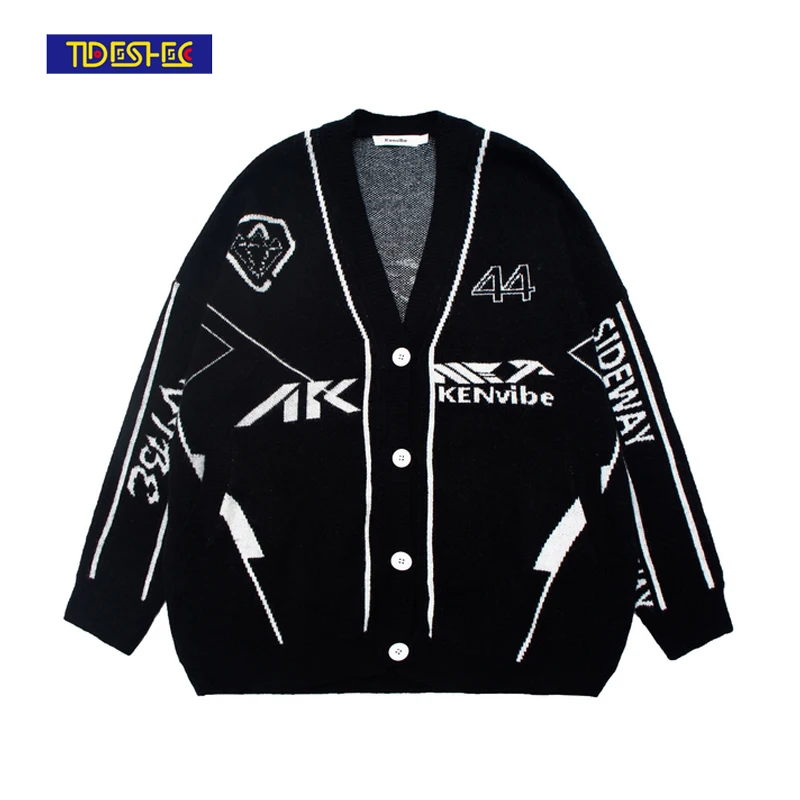 

Hip Hop Knitted Sweater Letter Diamond Print Men Streetwear Pullover 2021 Autumn Harajuku Cotton Casual Single Breasted Sweater