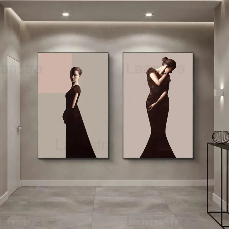 

Modern Art Canvas Painting Elegant Women With Black Long Dress Poster And Print Wall Art for Living Room Corridor Aisle Decor